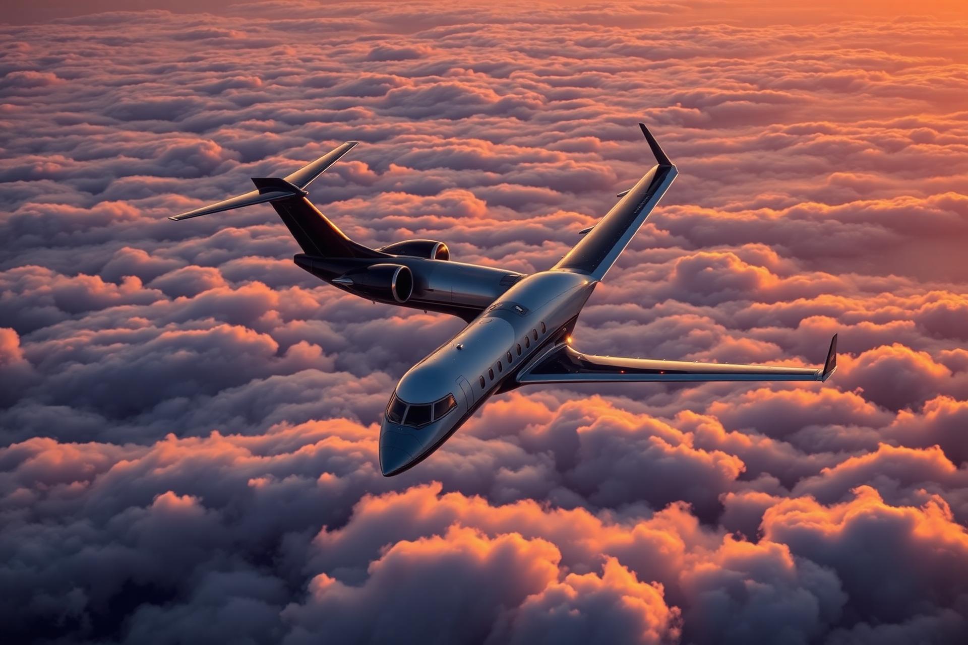 Private business jet flying above sunlit clouds